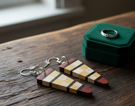 Checkerboard style Earrings – English Holly, Red Oak, Yellowheart & African Blackwood