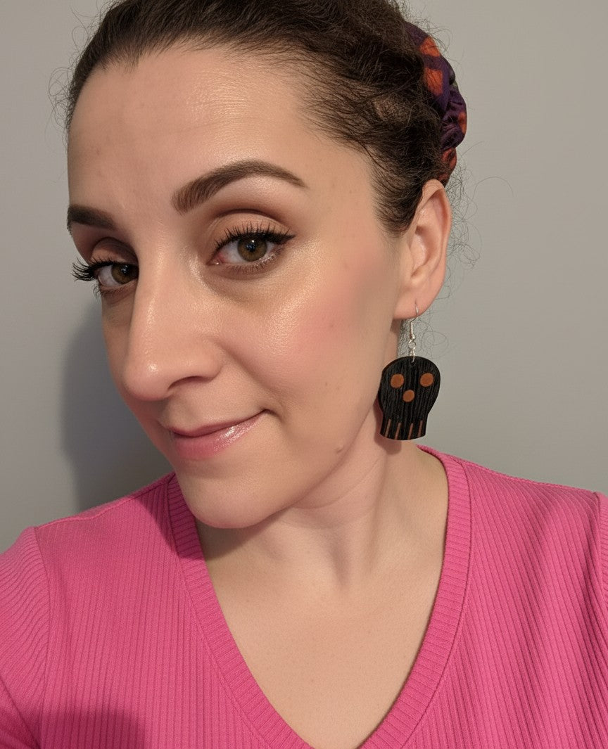 English Bog Oak & Pink Ivory Skull Earrings