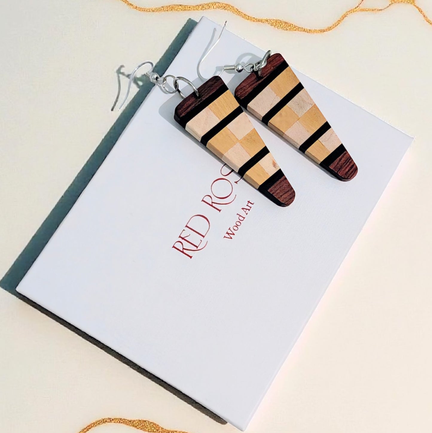 English Holly, Red Oak, Yellowheart & African Blackwood Earrings