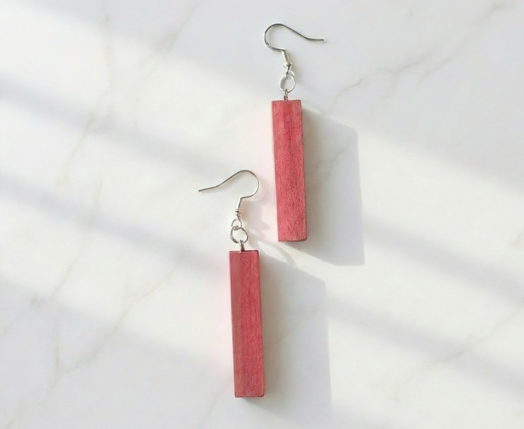 Pink Ivory Rectangle Wood Earrings