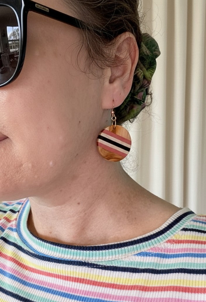 Yew in Bloom – Pink Ivory Wood, English Holly & English Yew Earrings