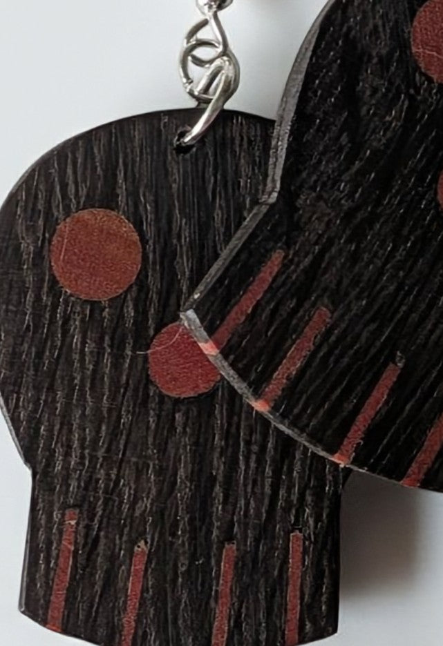 English Bog Oak & Pink Ivory Skull Earrings