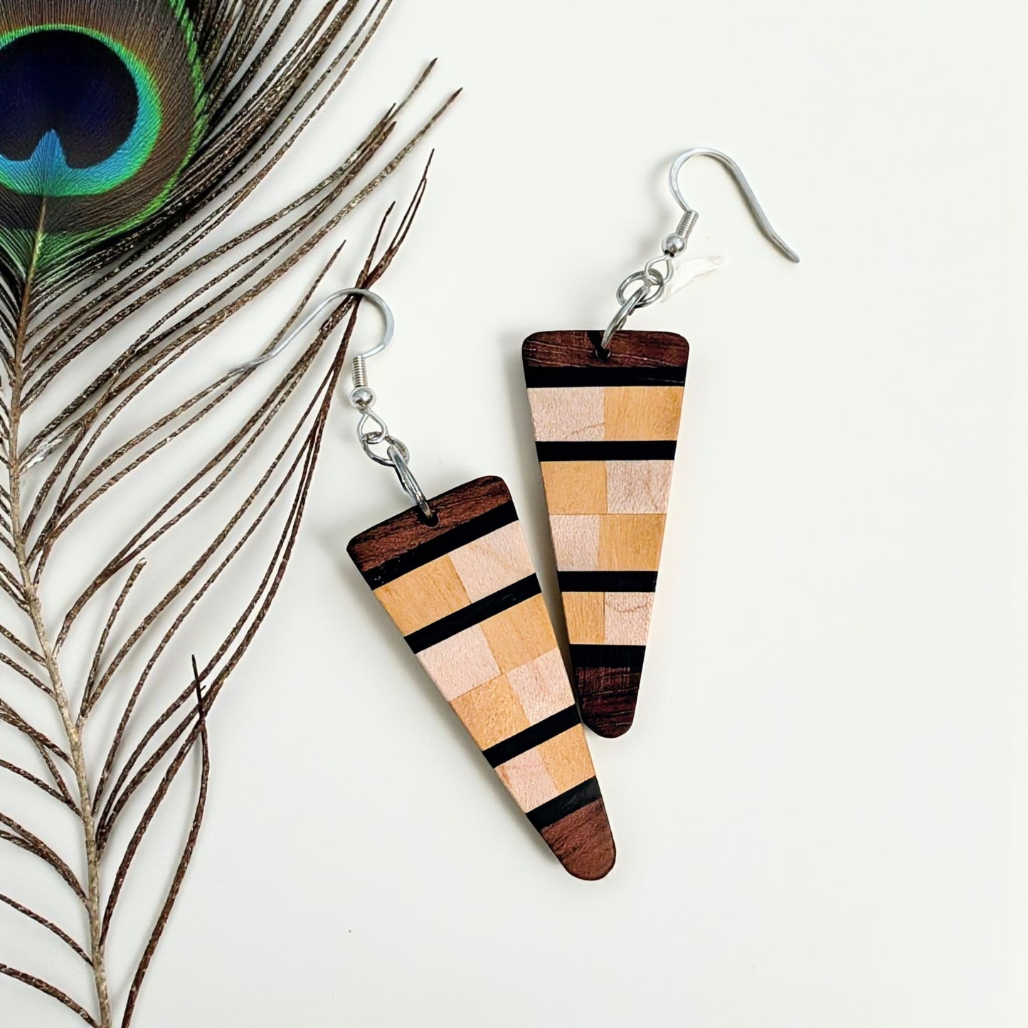 English Holly, Red Oak, Yellowheart & African Blackwood Earrings