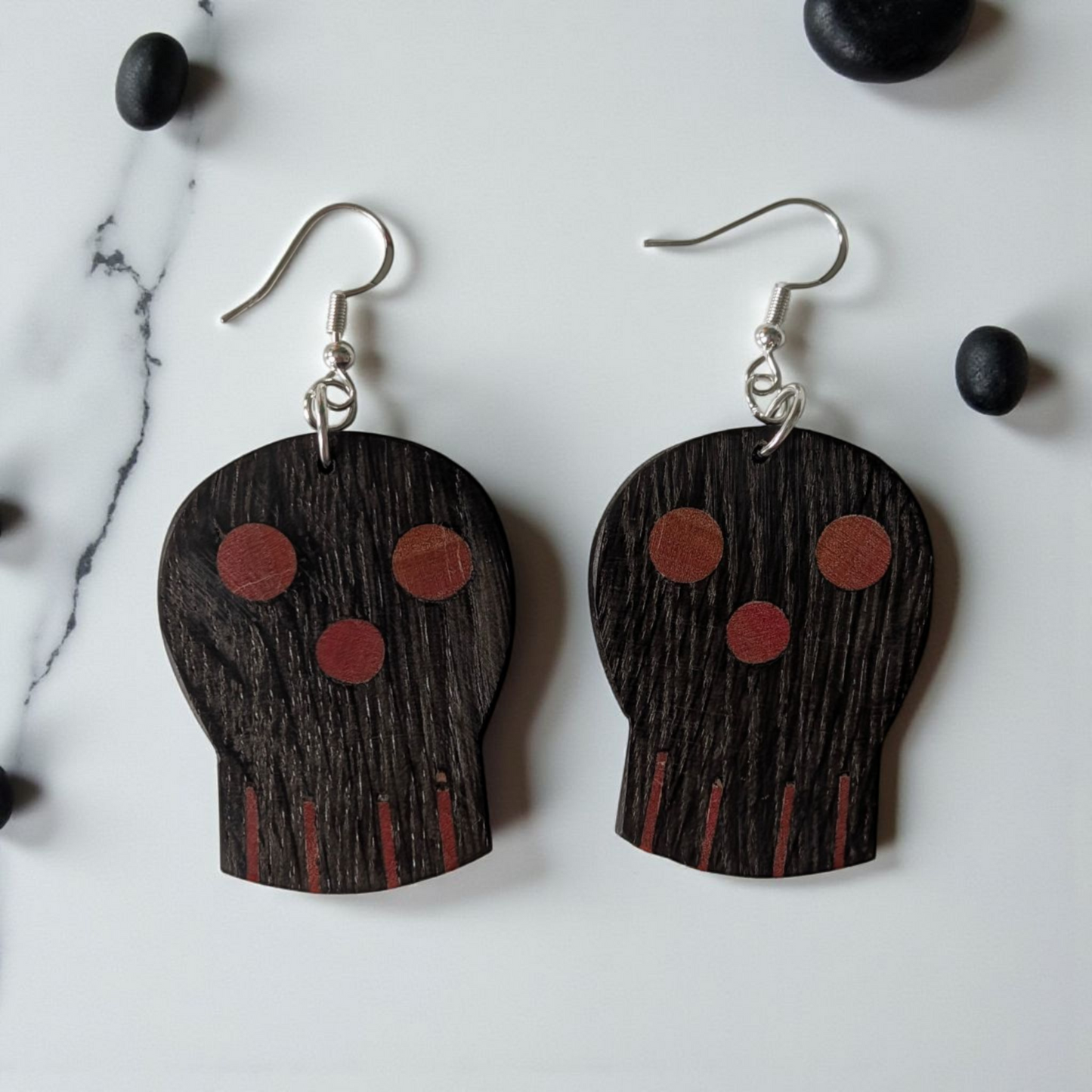 English Bog Oak & Pink Ivory Skull Earrings