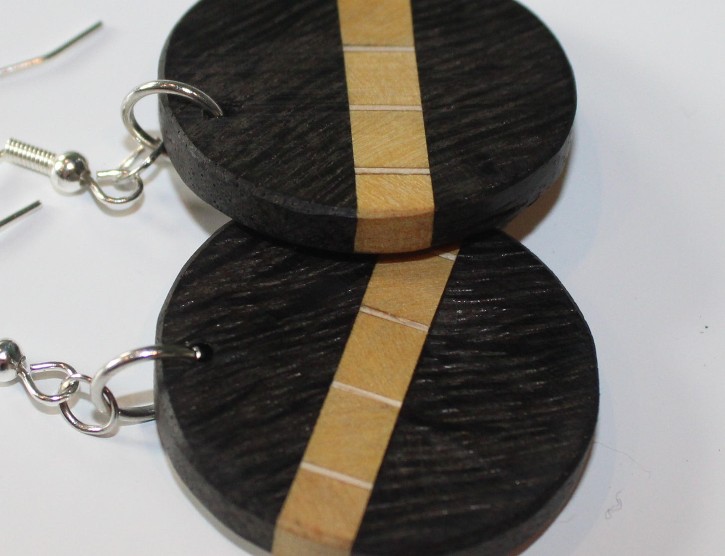 Circular Drop Earrings – English Bog Oak, Holly Veneers & Yellowheart.