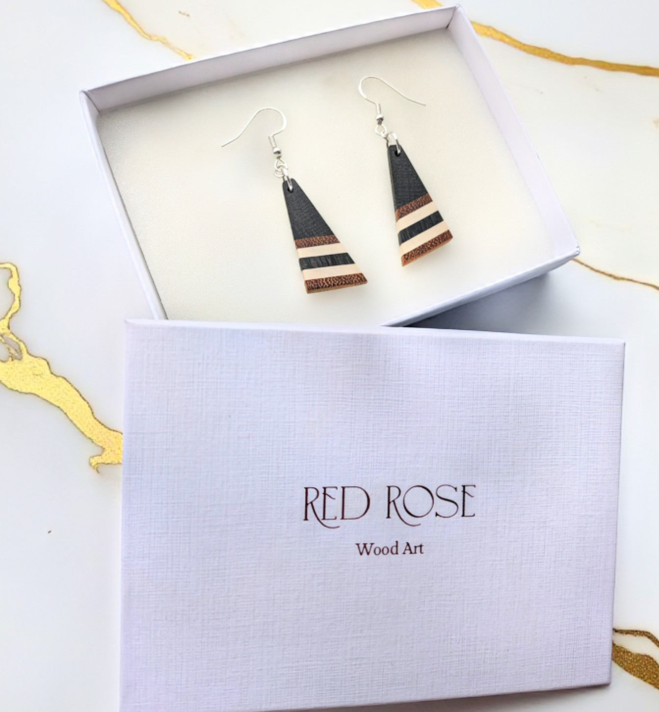 English "Bog Oak" Osage & Holly Striped Earrings