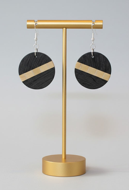 Circular Drop Earrings – English Bog Oak, Holly Veneers & Yellowheart.