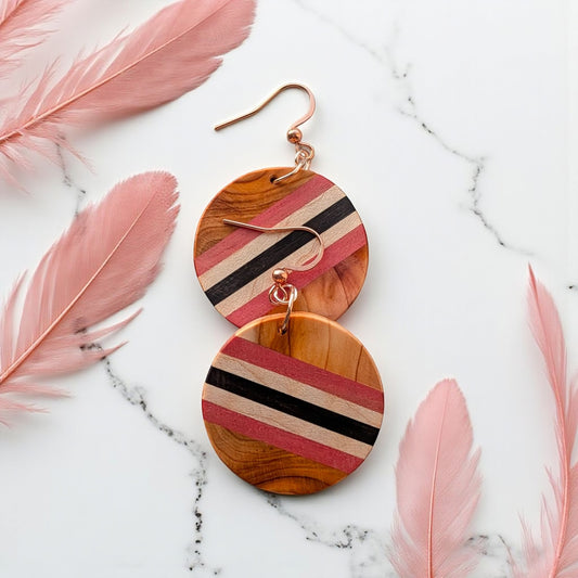 Yew in Bloom – Pink Ivory Wood, English Holly & English Yew Earrings