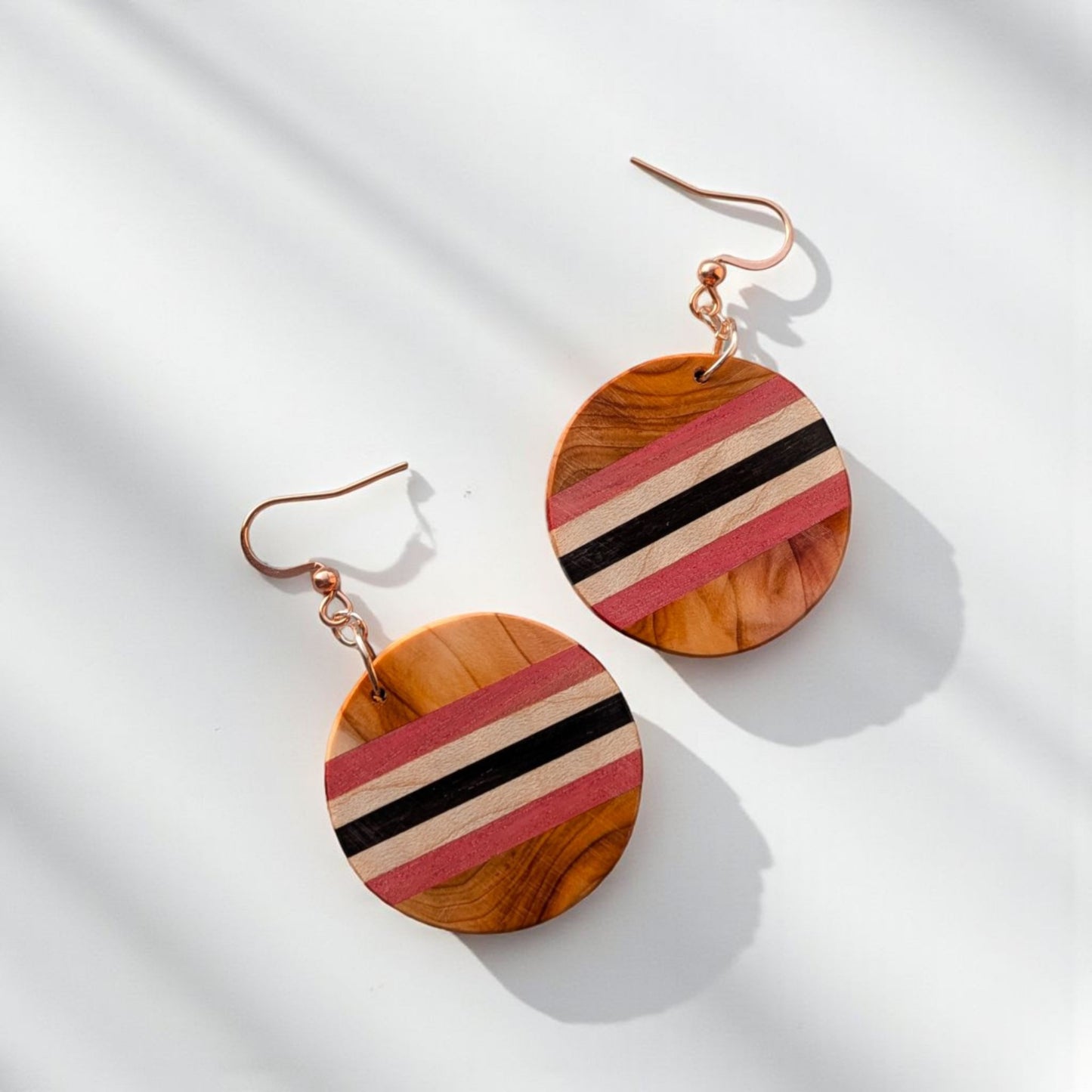 Yew in Bloom – Pink Ivory Wood, English Holly & English Yew Earrings