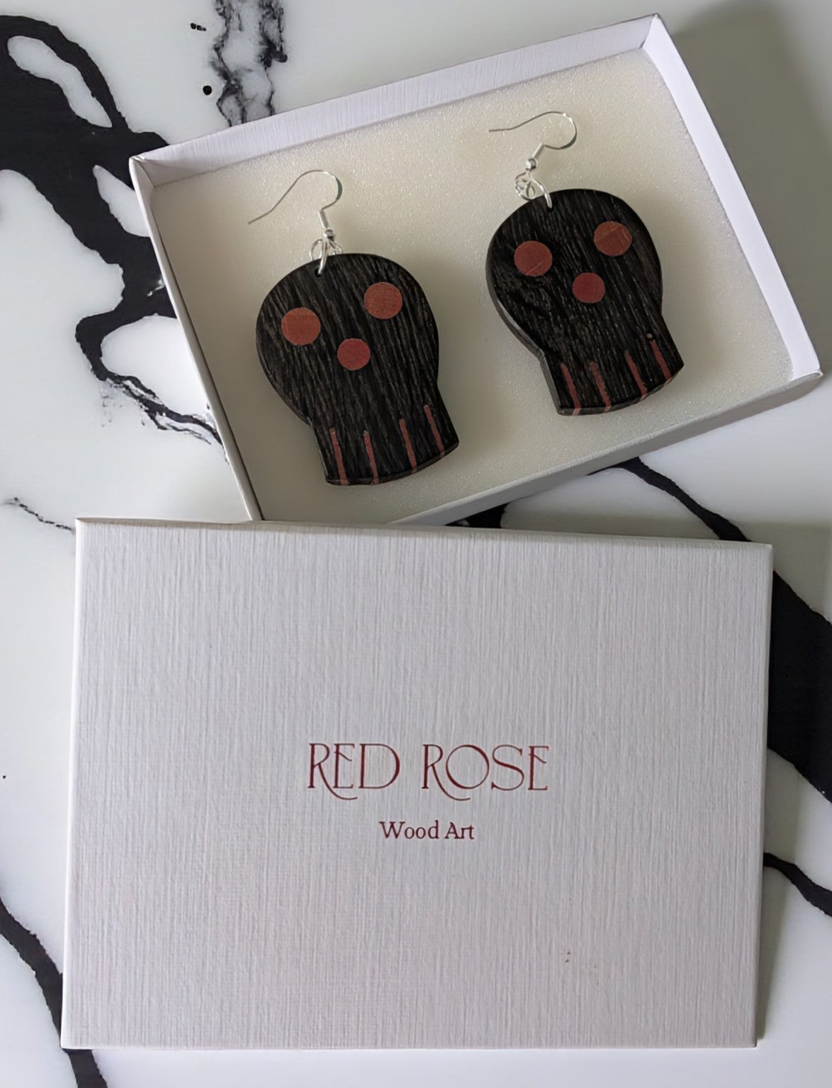 English Bog Oak & Pink Ivory Skull Earrings