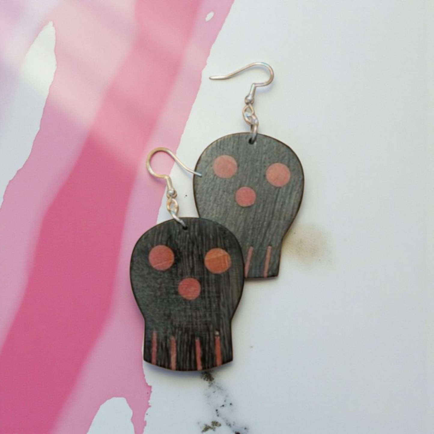 English Bog Oak & Pink Ivory Skull Earrings