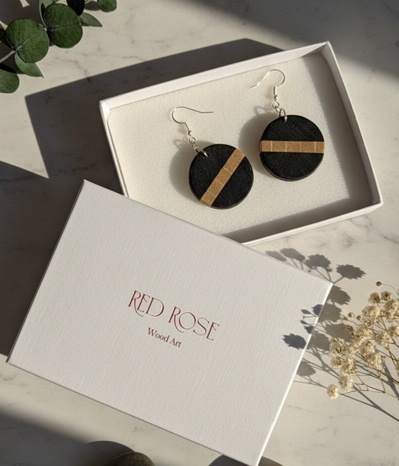 Circular Drop Earrings – English Bog Oak, Holly Veneers & Yellowheart.