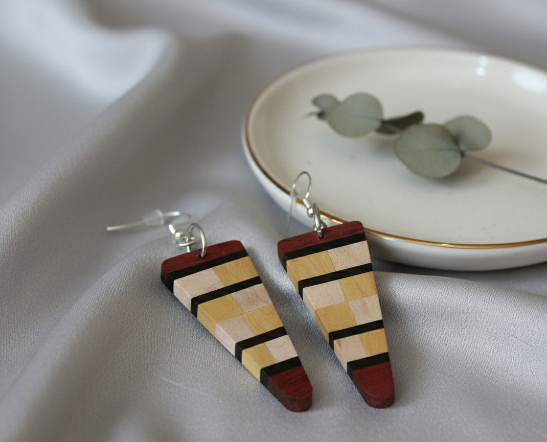 Checkerboard style Earrings – English Holly, Red Oak, Yellowheart & African Blackwood