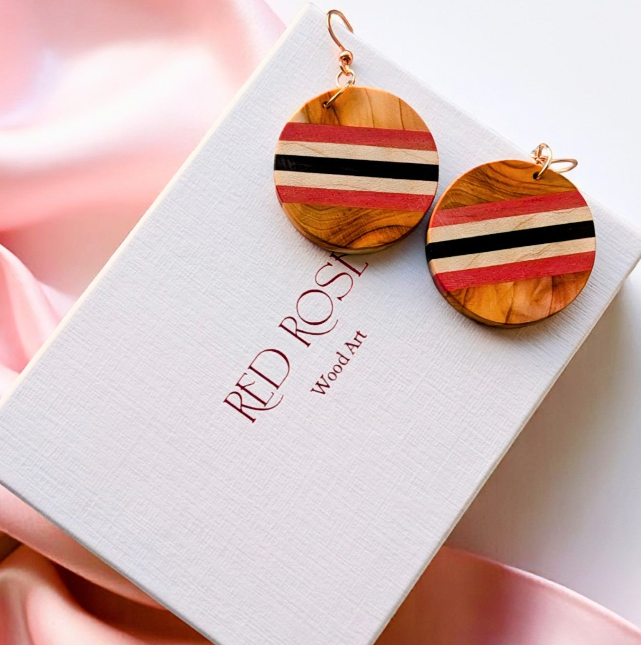 Yew in Bloom – Pink Ivory Wood, English Holly & English Yew Earrings